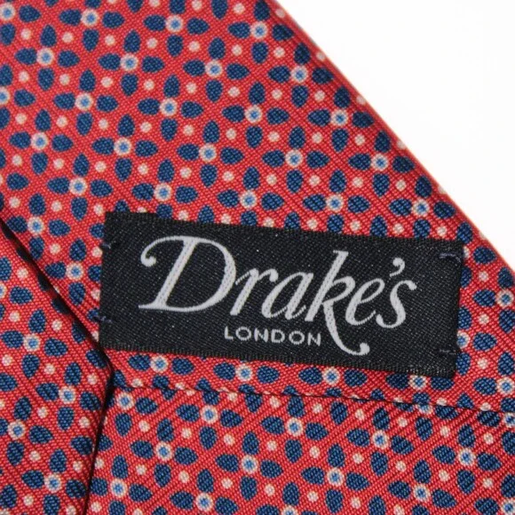 Drake's NWT Neck Tie in Red with Blue & White Geometric Pattern 100% Silk